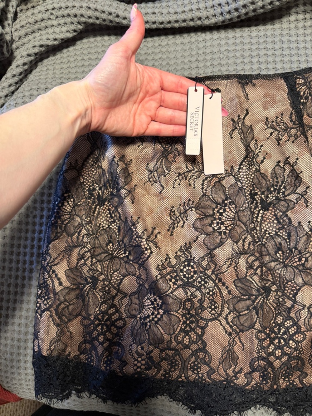 Victoria's Secret Black Lace Overlay with Nude Underlay Skirt
